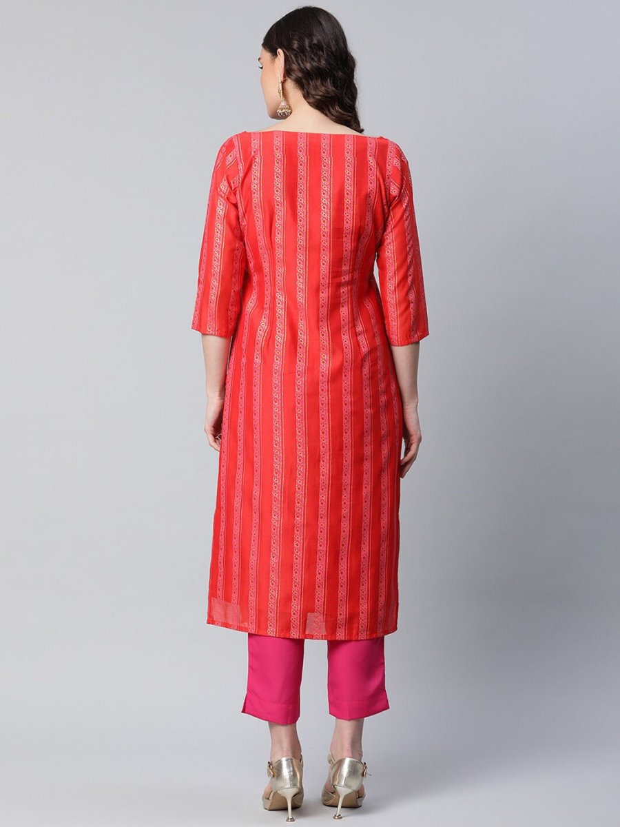Ahalyaa Women Red Striped Kurta with Trousers - Distacart
