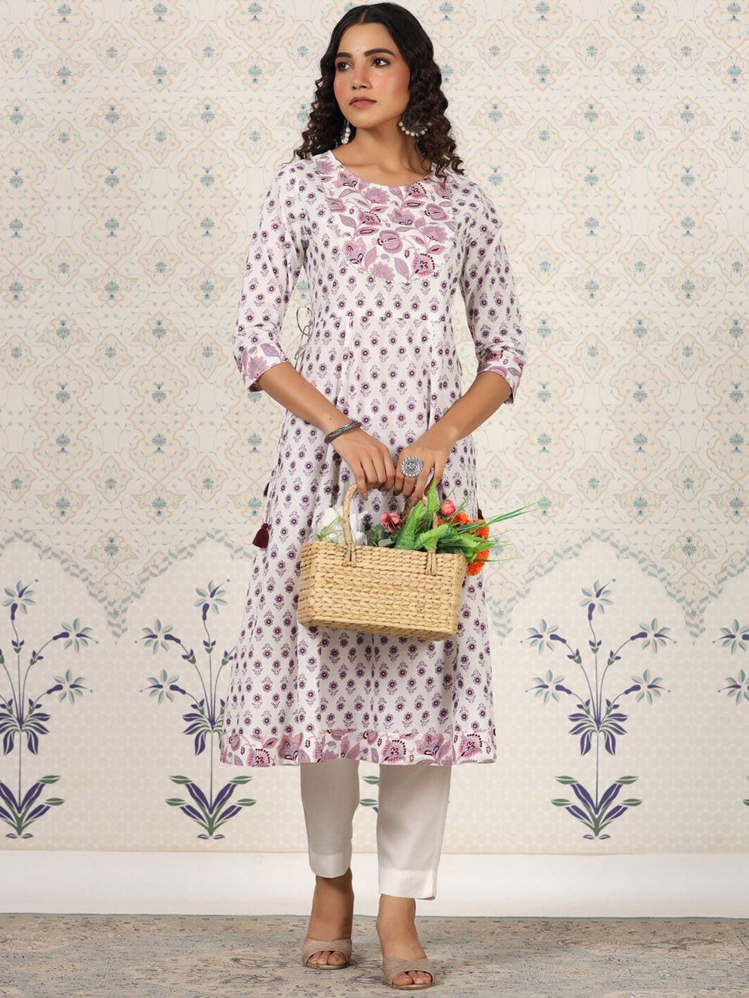 Ode by House of Pataudi White Floral Printed Pure Cotton A-Line Kurta - Distacart