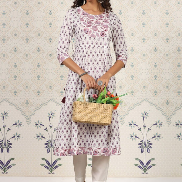 Ode by House of Pataudi White Floral Printed Pure Cotton A-Line Kurta - Distacart