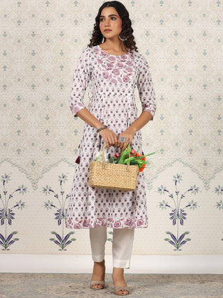 Ode by House of Pataudi White Floral Printed Pure Cotton A-Line Kurta - Distacart