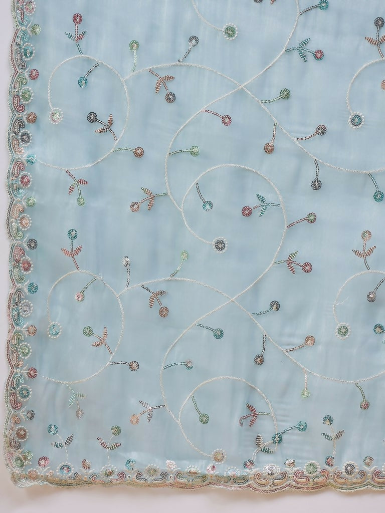 Blue Organza Sequence Embroidered Saree with Unstitched Blouse - Satya - Distacart
