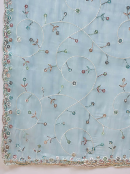 Blue Organza Sequence Embroidered Saree with Unstitched Blouse - Satya - Distacart