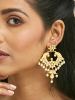 Thumbnail for Nuyug 22K Gold-Plated Kundan and Pearl Earrings with Floral Stud and Intricate Crescent Design Chandbalis