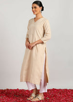 Thumbnail for Aavyora Women's Beige Woven Striped V-Neck Kurta