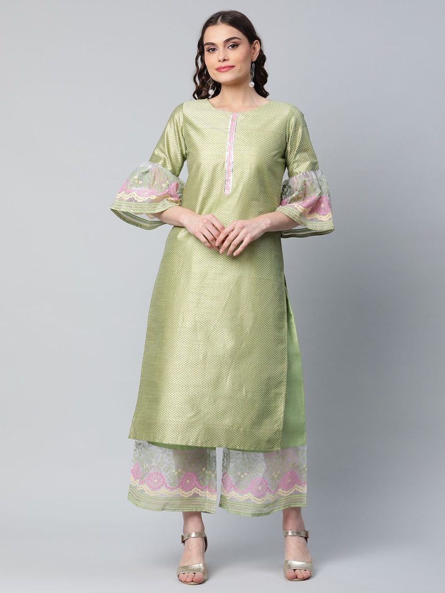 Ahalyaa Women's Light Green Poly Silk Gold Printed Kurta Palazzo Set - Distacart