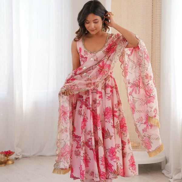 Teeya Creation Pink Pure Muslin Silk Digital Print Traditional Wear Long Gown - Distacart