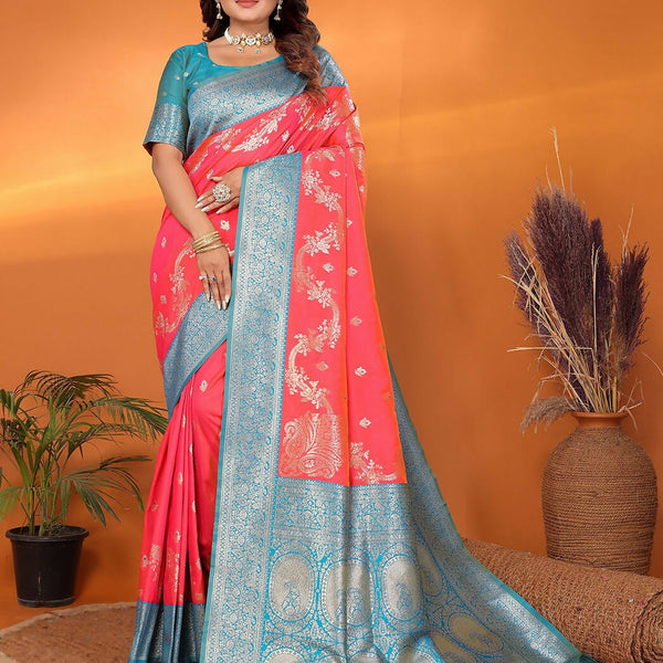 Joban Fashion Banarasi Tomato Red Woven Soft Silk Saree - Distacart