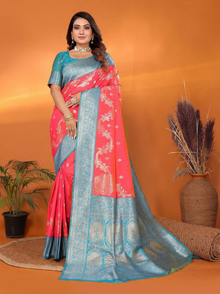 Joban Fashion Banarasi Tomato Red Woven Soft Silk Saree