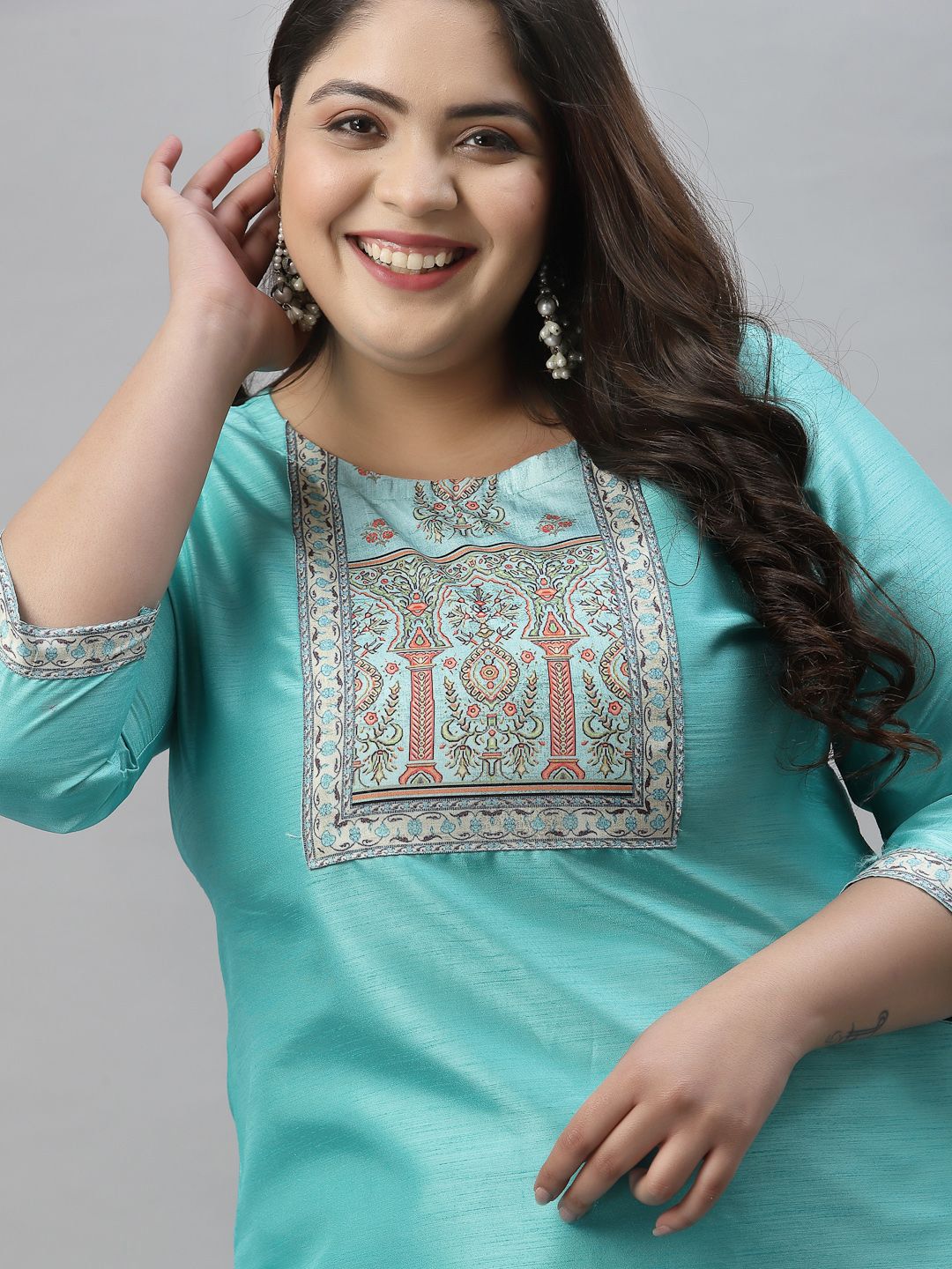 Sztori Plus Size Ethnic Motifs Yoke Design Straight Kurta With Palazzos - Distacart