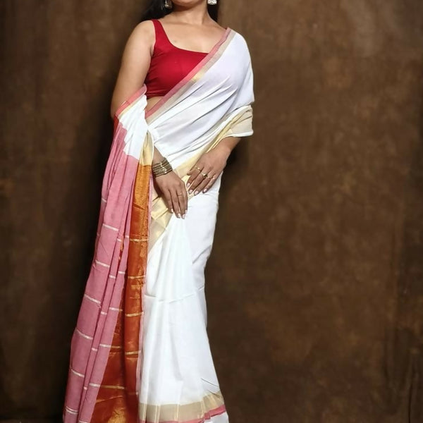 Exclusive Collection White Red Pure Cotton Handloom Gorgeous Saree