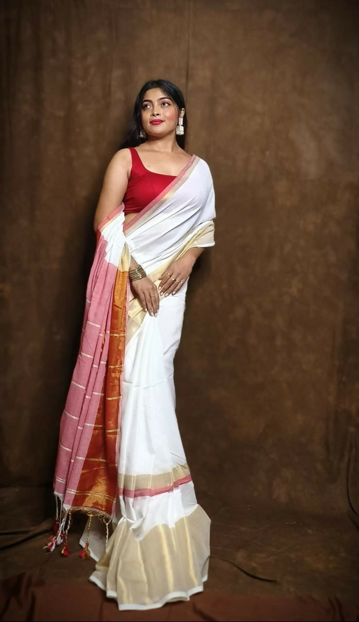 Exclusive Collection White Red Pure Cotton Handloom Gorgeous Saree - Dista
