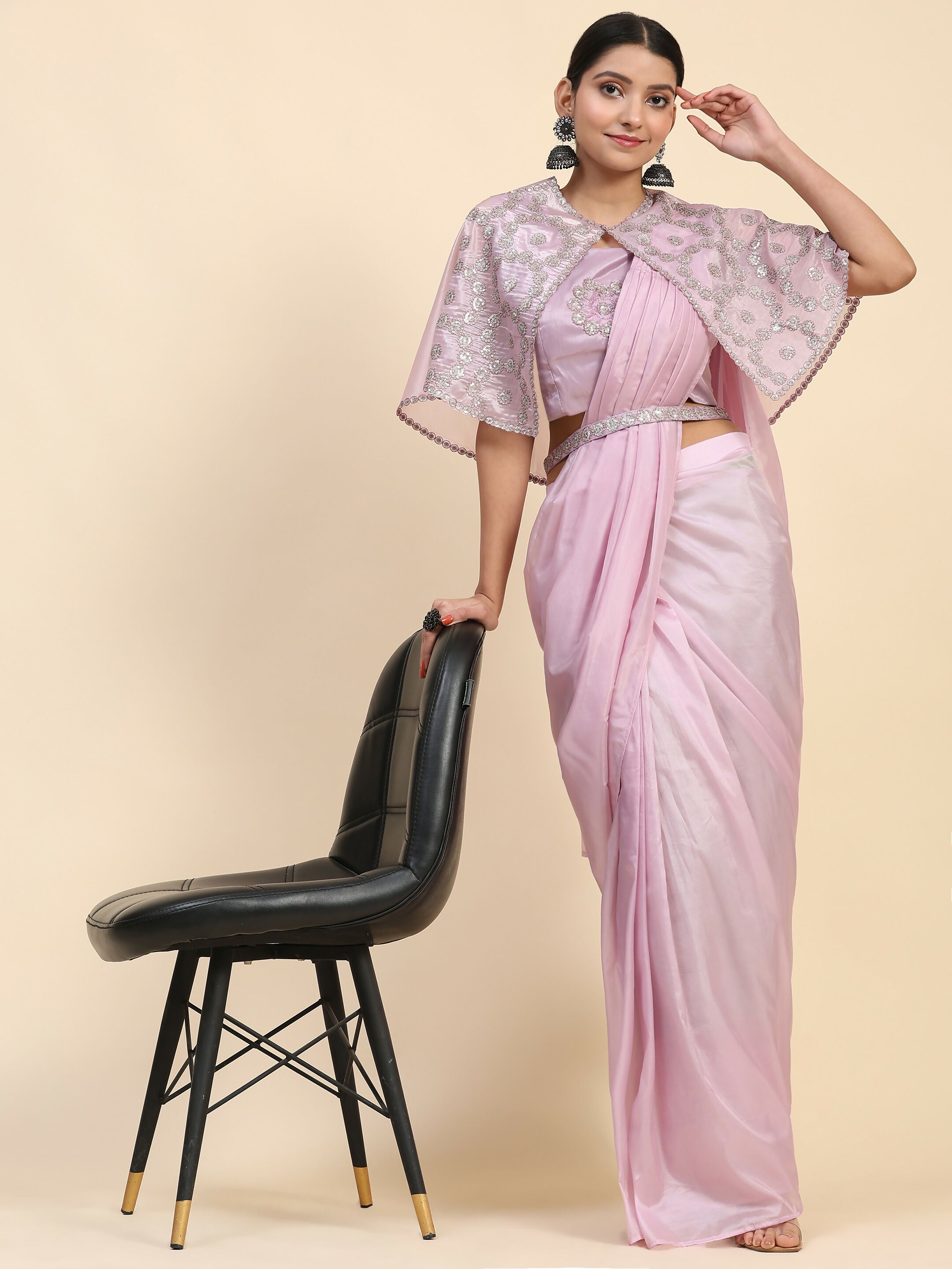 Light Lavendar Satin Solid Ready to wear Saree with stitched Blouse - Vanita - Distacart