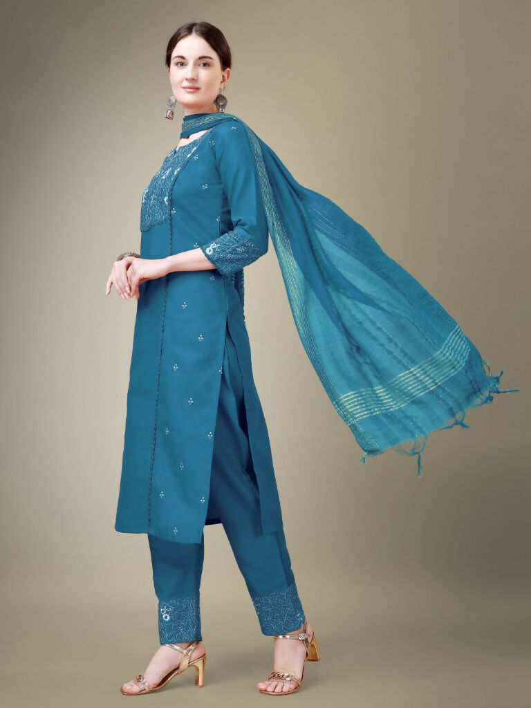 Jyoti Fashion Women's Morpich Cotton Blend Embroidery & Fancy Lace work Kurta with Trouser & Dupatta - Distacart
