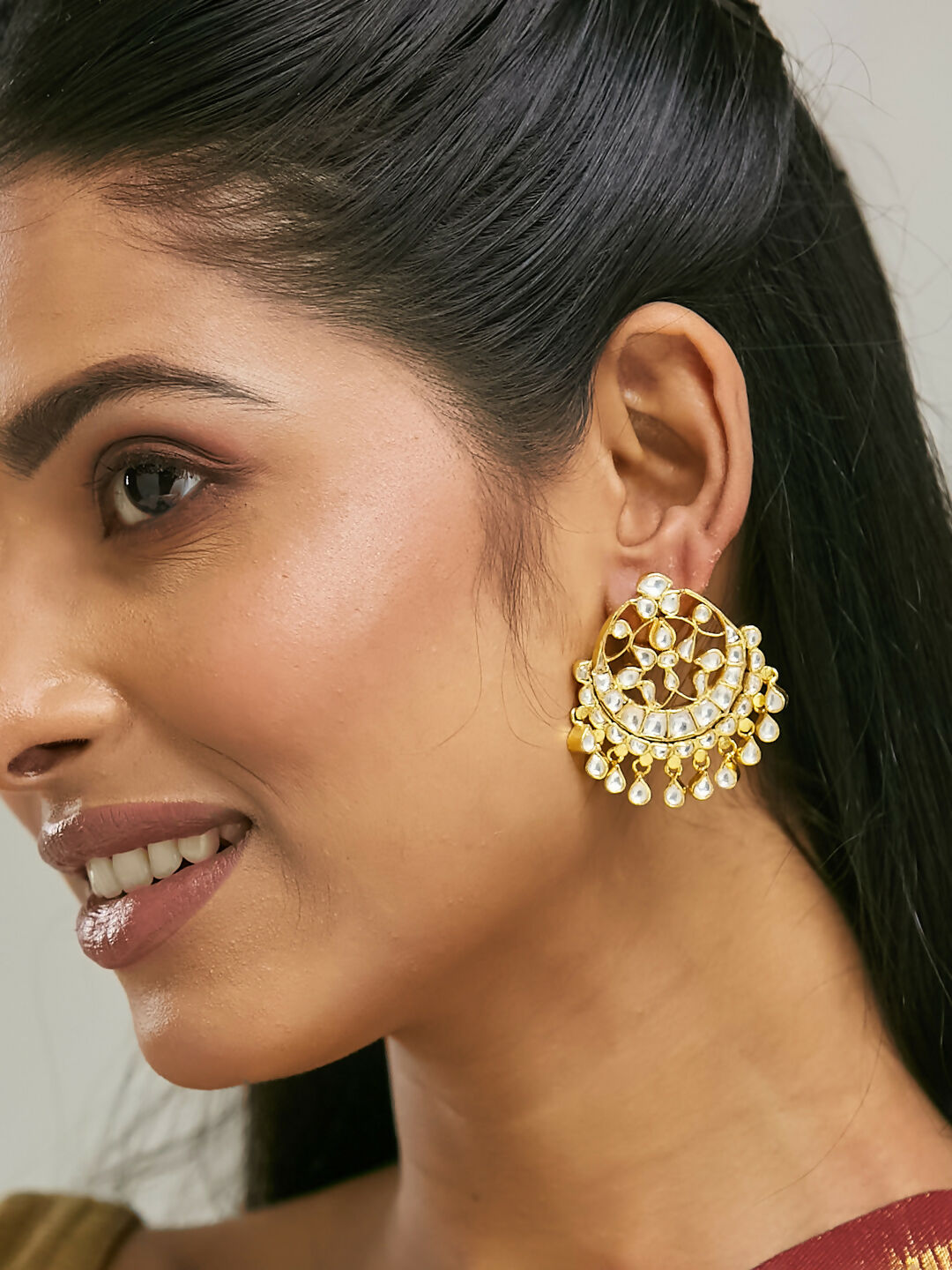 Nuyug 22K Gold-Plated Kundan Stone Studded & Pearl Beaded Moon Chandbalis