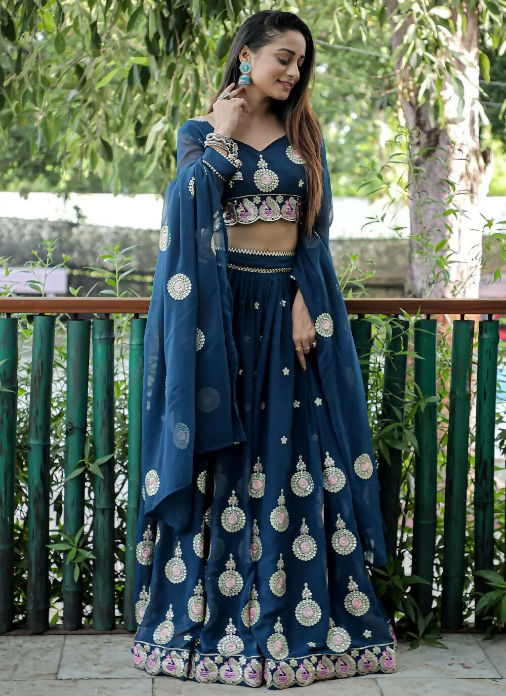 Jyoti Fashion Blue Sequence with Thread Zari Embroidery Georgette Lehenga Choli with Dupatta - Distacart