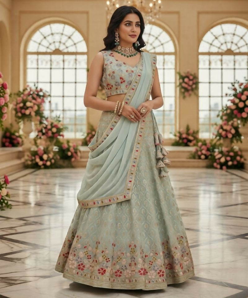 Lehenga Mart Pista Faux Georgette Designer Bollywood Style Wedding Wear Lehenga Choli - Dista