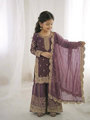 Teeya Creation New Trendy Fully Stitched Ready to Wear Kids Kurta Palazzo Set-Purple - Dista