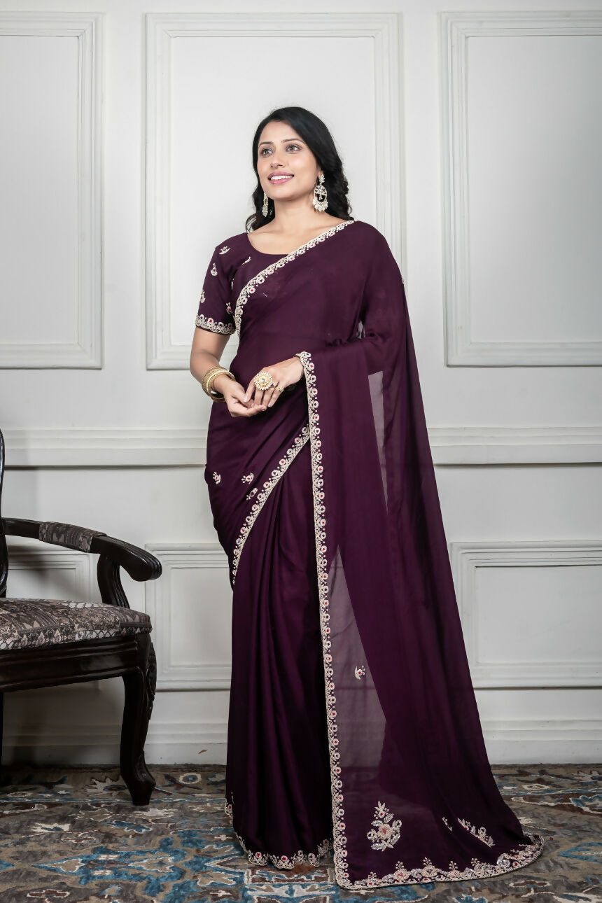 Morchari Wine Chiffon Hand Embroidery Saree And Stitched Blouse - Distacart