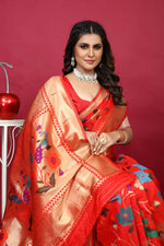 Thumbnail for Jyoti Fashion Women's Red Paithani Silk Zari Woven Saree with Blouse - Distacart