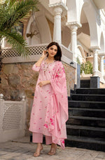Thumbnail for The52 Pink Women's Beautiful Chanderi Fabric Printed Work Straight Kurta Pant and Dupatta Set - Distacart