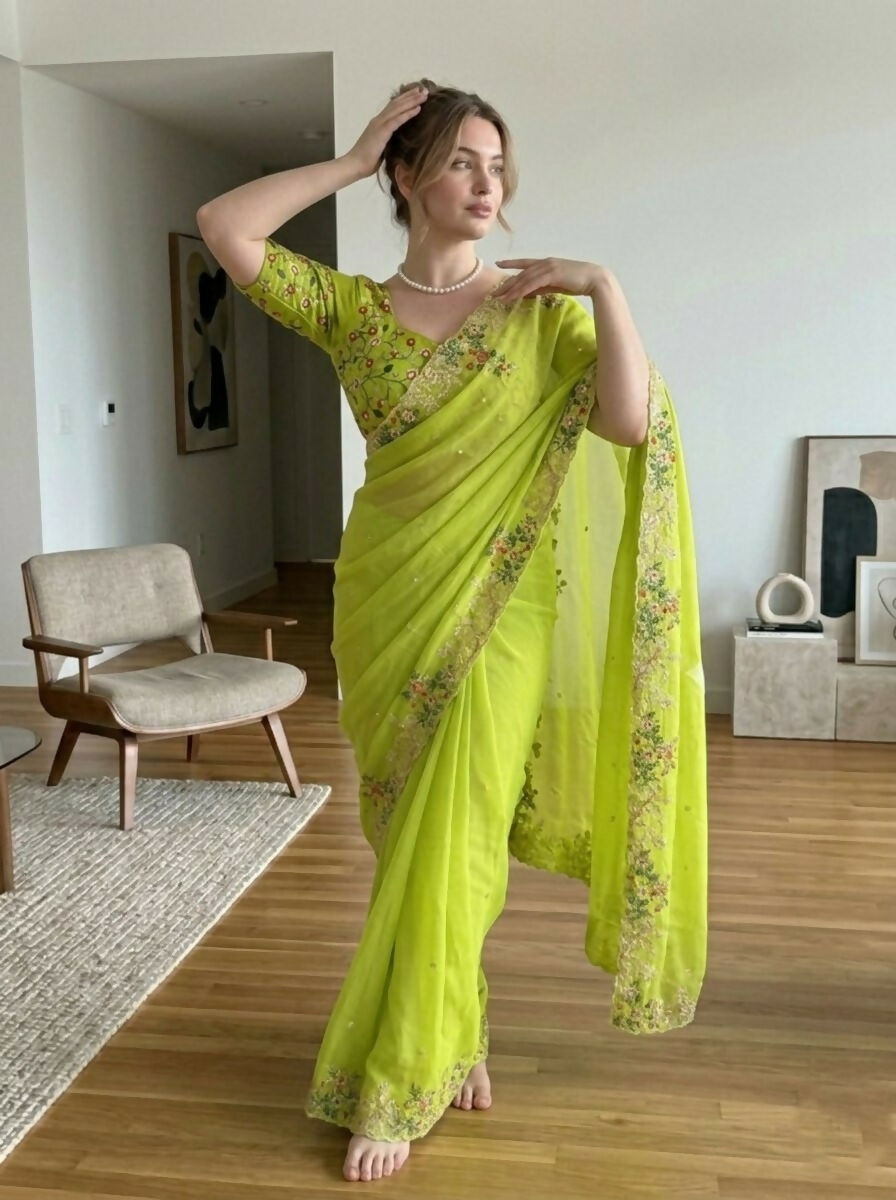 Teeya Creation New Stylish Trendy Party Wear Saree-Dark_Parrot_Green - Dista