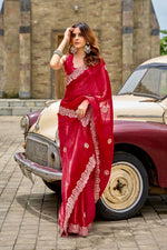 Thumbnail for Vastranavya Red Embroidery Work Shimmer Chiffon Saree with Unstitched Blouse