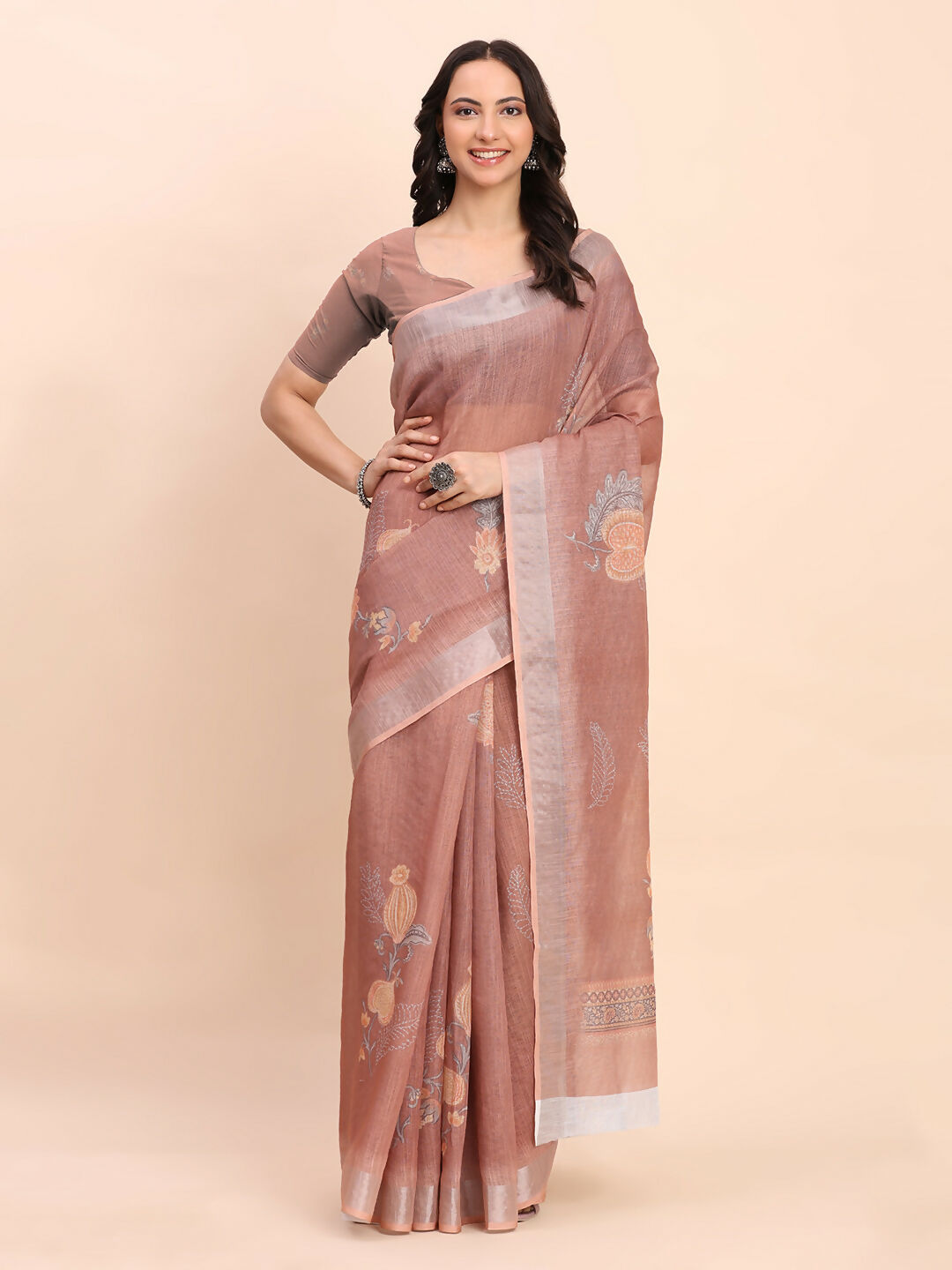 Shree Shyam Fashion Linen Cotton Brown Saree - Distacart