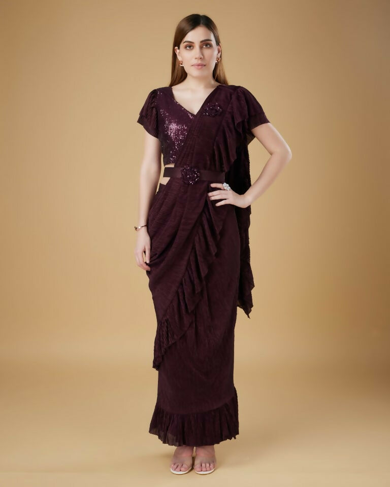 Wine Imported Crush Solid Ready to Wear Saree with stitched Blouse - Aayan - Distacart