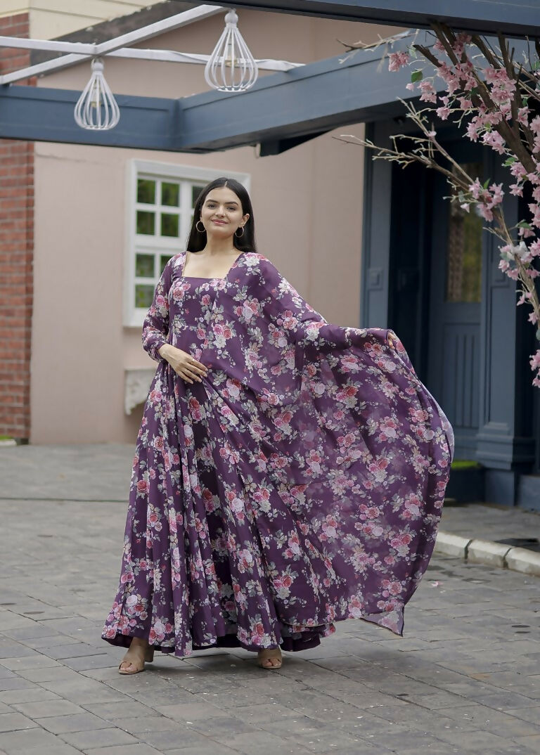 Jyoti Fashion Women's Wine Faux Georgette Floral Digital Printed Anarkali Dress with Dupatta - Distacart