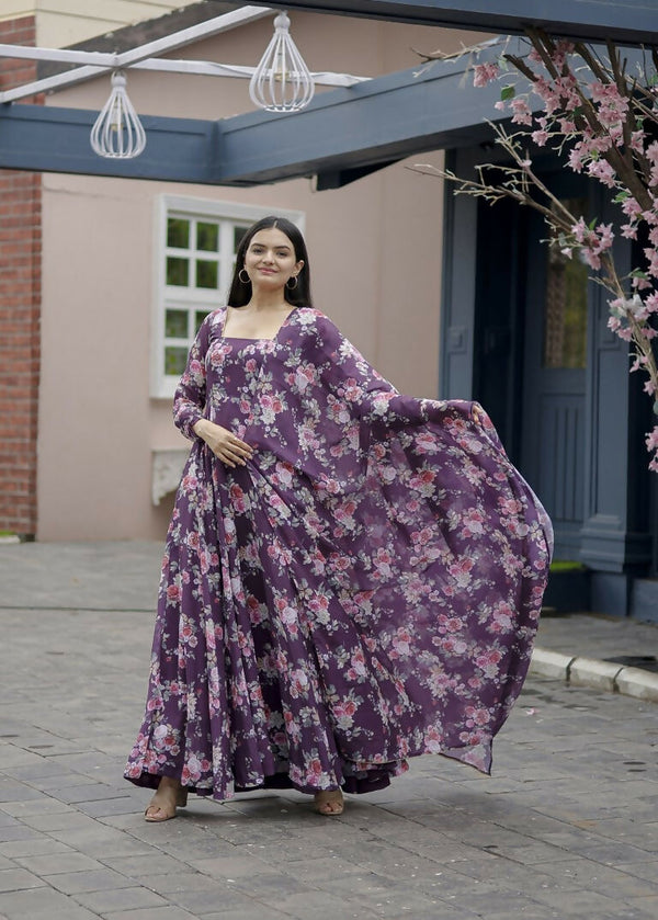 Jyoti Fashion Women's Wine Faux Georgette Floral Digital Printed Anarkali Dress with Dupatta - Distacart