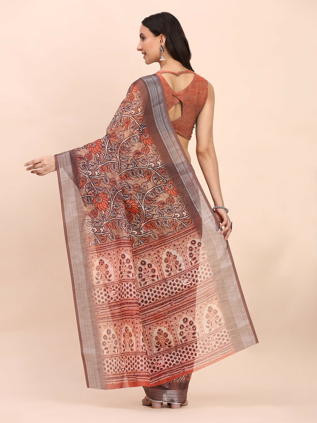 Shree Shyam Fashion Linen Cotton Brown Saree - Distacart