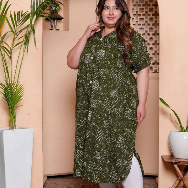 Miravan Womens Plus Size Pure Cotton Floral Printed Green Button Down A-Line Midi Dress - Distacart