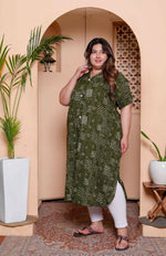 Thumbnail for Miravan Womens Plus Size Pure Cotton Floral Printed Green Button Down A-Line Midi Dress - Distacart