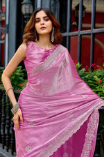 Thumbnail for Vastranavya Baby Pink Embroidery Work Shimmer Chiffon Saree with Unstitched Blouse