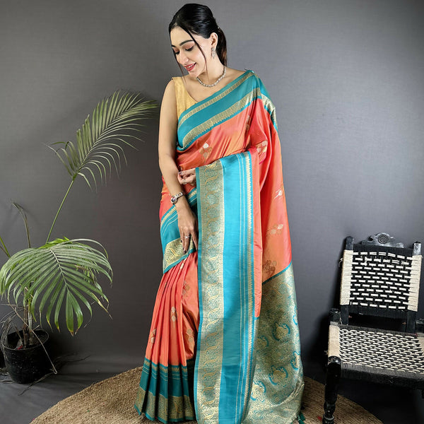 Joban Fashion Peach Banarasi Soft Silk Woven Saree