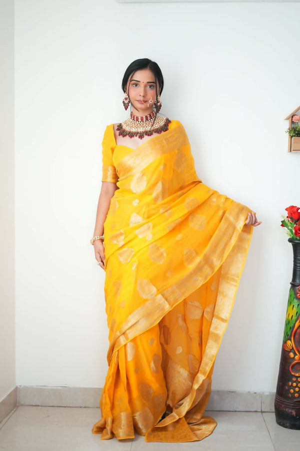 Malishka Cotton Silk Jacquard Ready To Wear Saree With Blouse Piece - Yellow - Distacart
