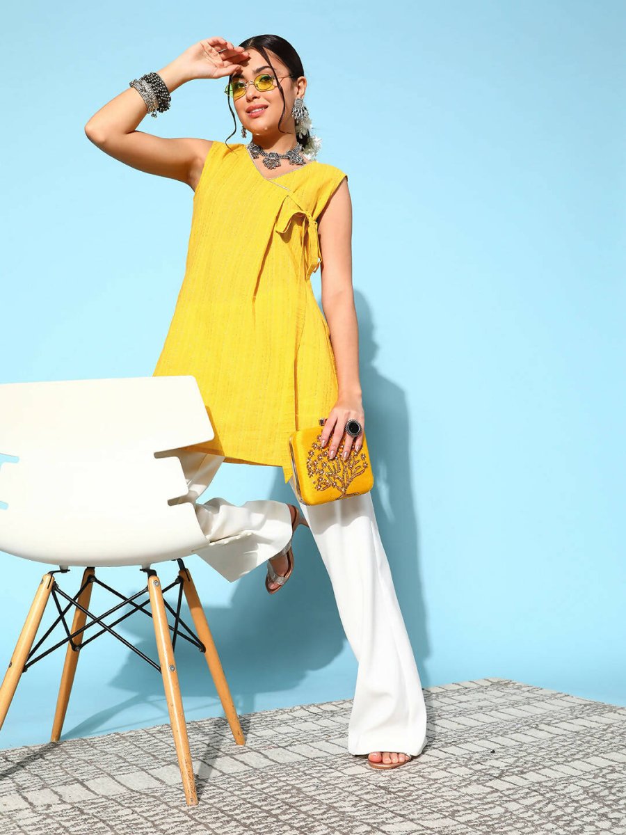 Ahalyaa Women Mustard Cotton Fluid Tie-Up Tunic - Distacart