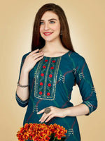 Thumbnail for Aastha Fashion Women's Teal Viscose Rayon Embroidered Kurta Pant Set - Distacart