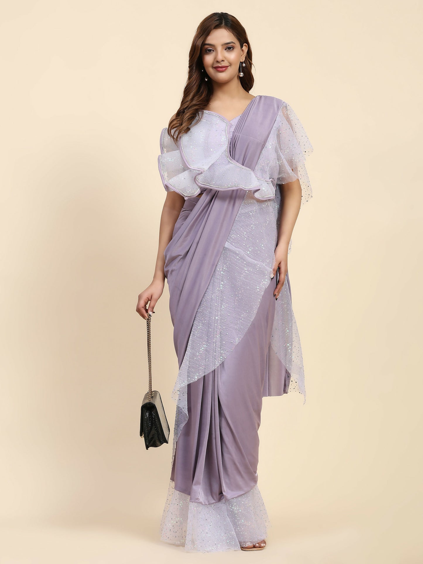 Light Purple Lycra Solid Ready to Wear Saree with stitched Blouse - Nita - Distacart