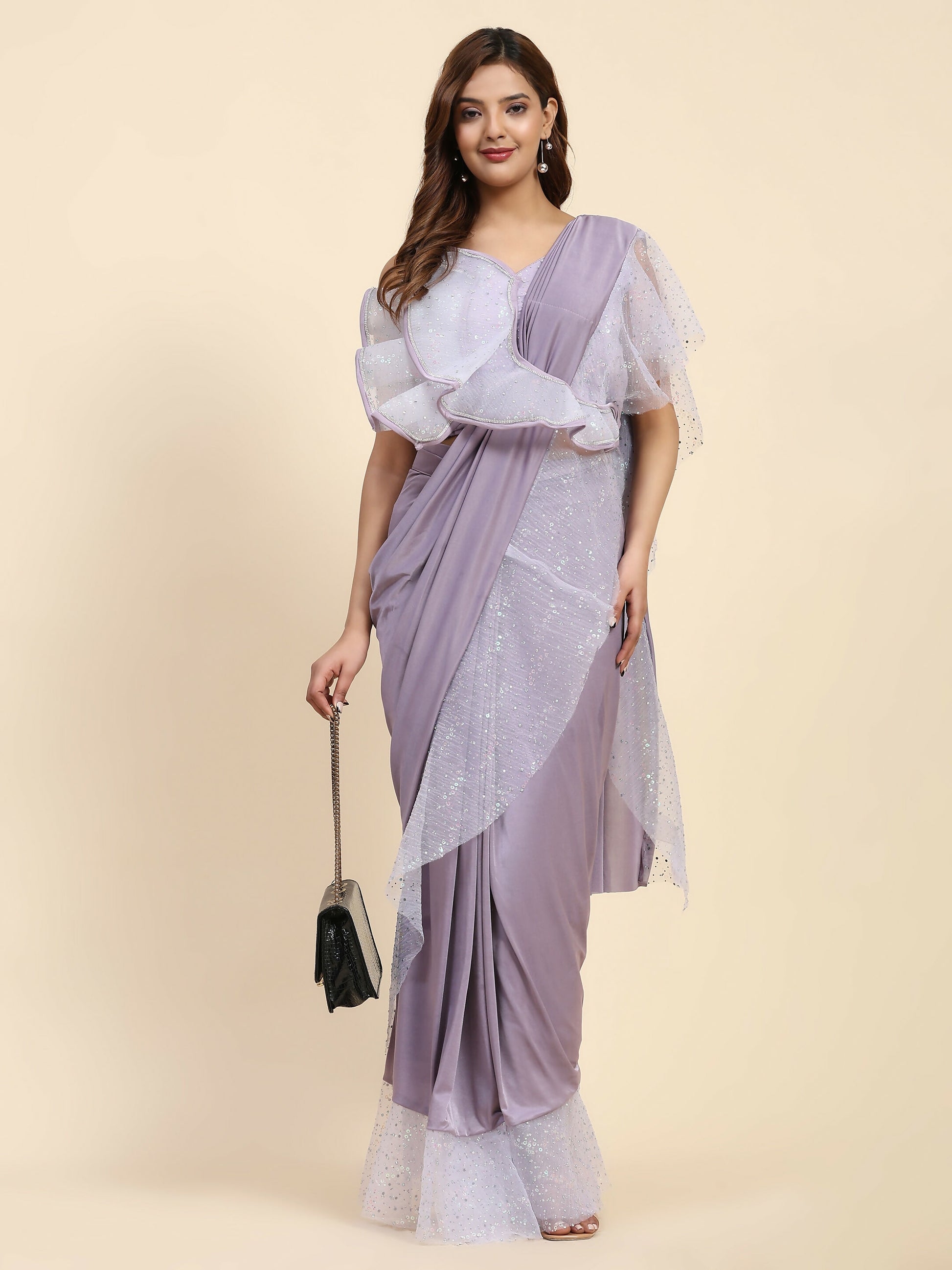 Light Purple Lycra Solid Ready to Wear Saree with stitched Blouse - Nita - Distacart