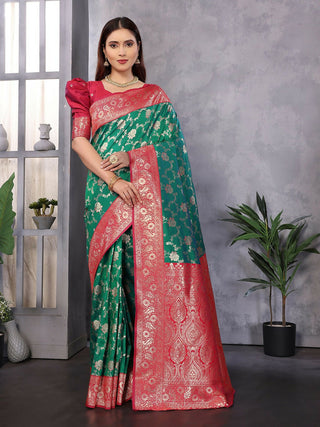 Joban Fashion Banarasi Green Woven Soft Silk Saree