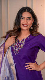 Thumbnail for Preksha Creation Premium Purple Roman Silk Hand Work Kurti Pant Dupatta Set