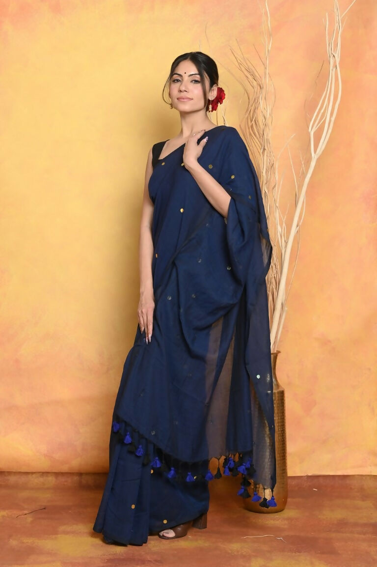 Very Much Indian Pure Mul Cotton Handloom Saree - Dark Blue - Distacart
