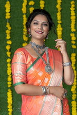 Thumbnail for Jyoti Fashion Women's Peach Soft Handloom Silk Zari Woven Saree with Blouse - Distacart