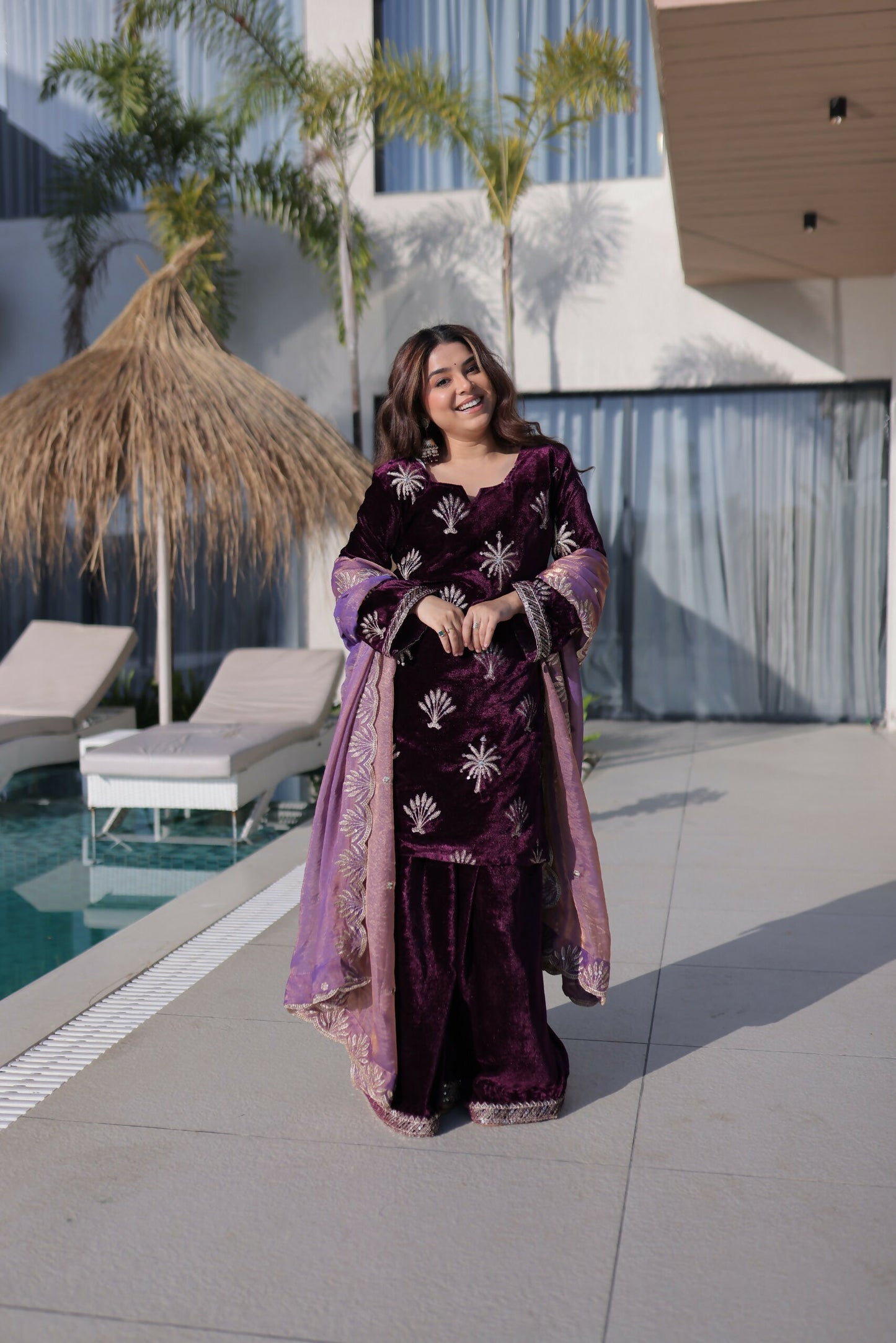 Joban Fashion Maroon Kurta Set Velvet Embroidery Sequence Work - Distacart