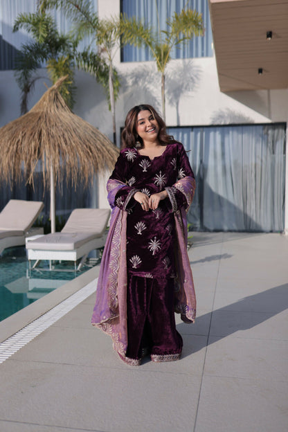 Joban Fashion Maroon Kurta Set Velvet Embroidery Sequence Work - Distacart