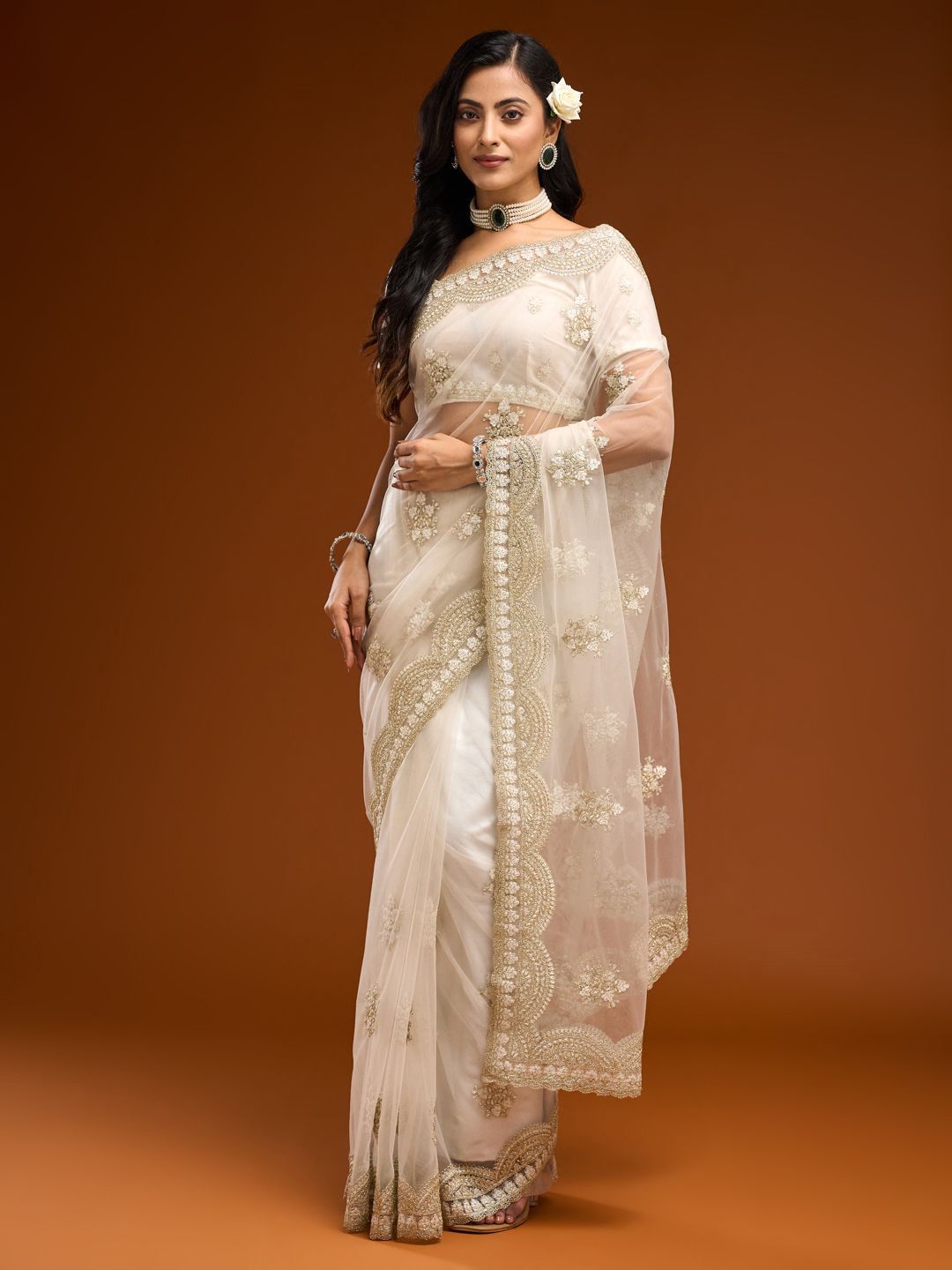 kasee Floral Embroidered Net Saree - Distacart