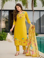 Thumbnail for The52 Yellow Women's Gorgeous Embroidered work Viscose Gadhwal Fabric Straight Kurta, Pant and Dupatta Set - Distacart