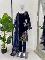Thumbnail for Vastranavya Navy Blue Viscose Velvet Sequence Embroidery Work Kurta & Bottom With Dupatta