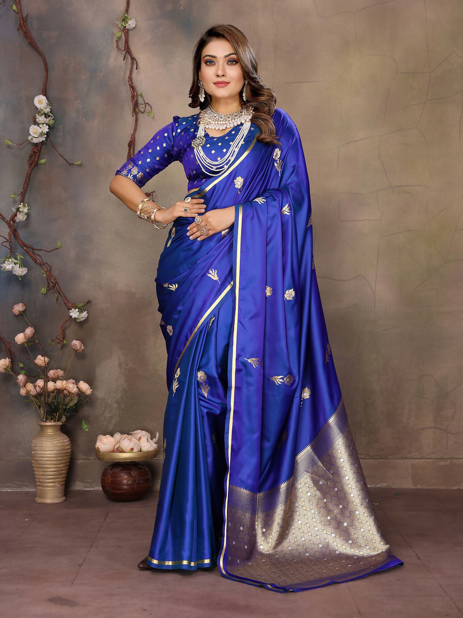 Joban Fashion Royal Blue Floral & Botanical Motifs Satin Silk Banarasi Silk Saree